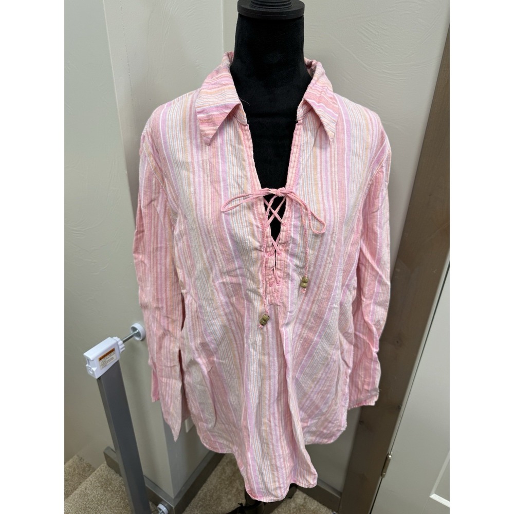 Vintage Y2K St Johns Bay XL Pink Linen Ferry Striped Shirt Lace Up Tunic Blouse